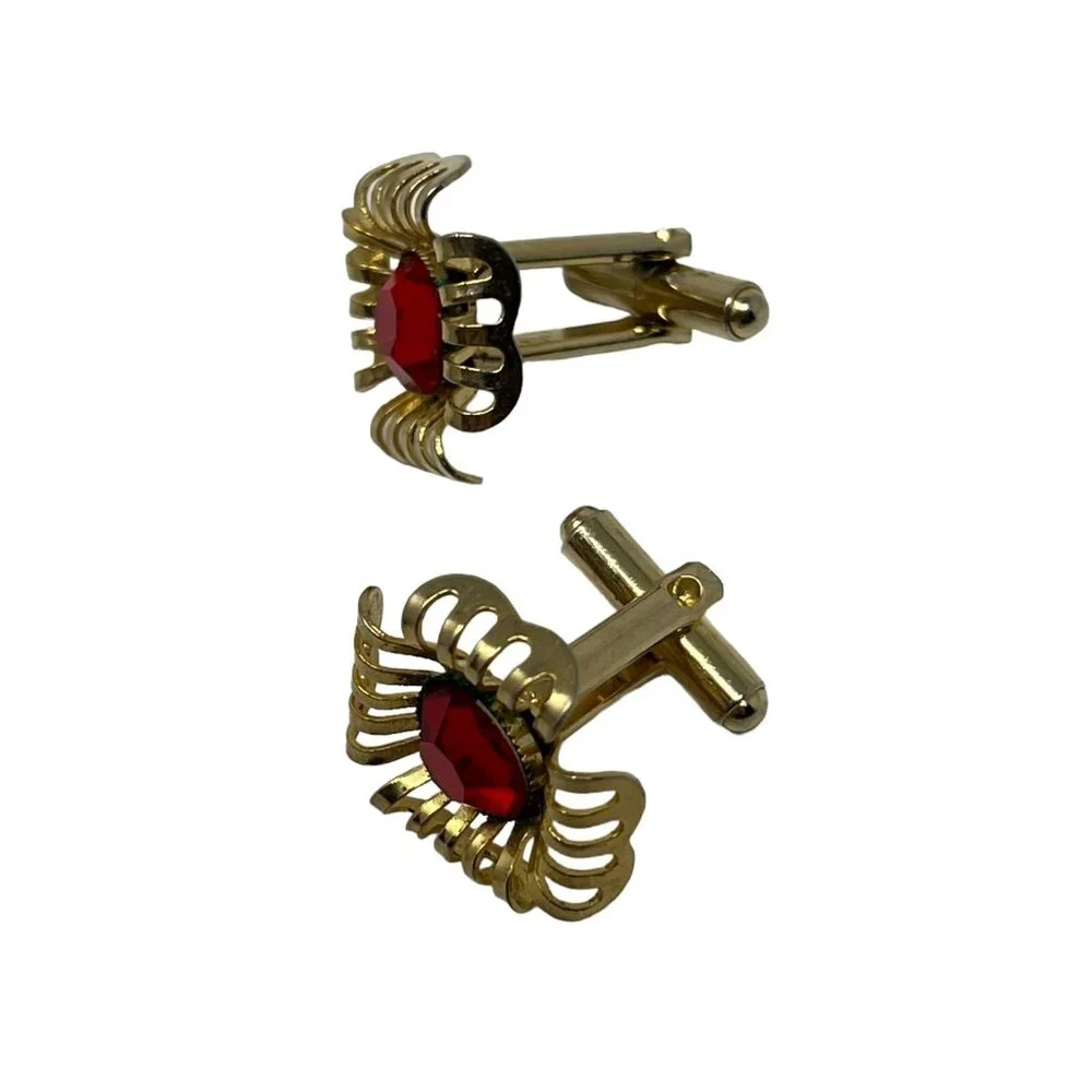 Vintage Mens Cuff Links Red Acrylic Stone Gold Tone‎